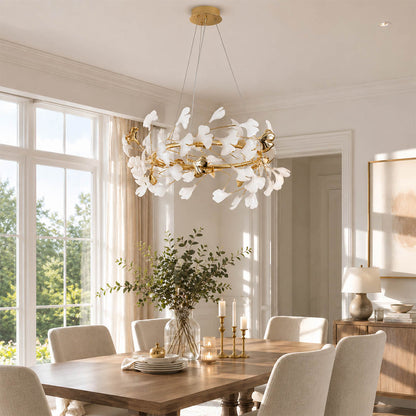 Gingko Chandelier Style E Model A dense round drum 47.2 inch modern french country dining room 8 seat round oak table statement warm ambient sculptural elegant lifestyle interior