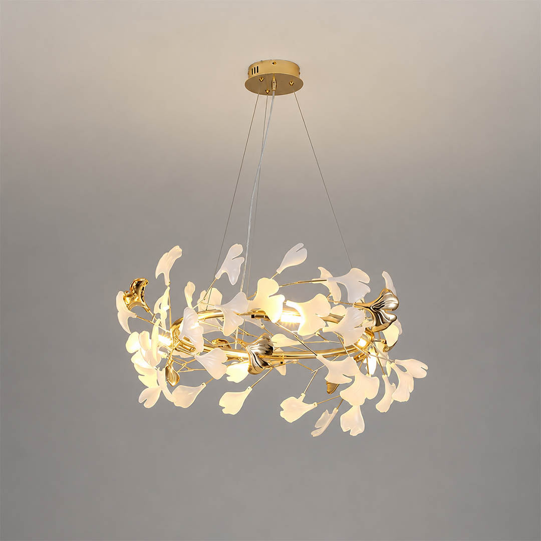 Gingko Chandelier Style E Model B sparse airy round drum 23.6 inch handcrafted porcelain ginkgo leaves Rose Gold frame ceramic 4 G9 sockets modern french country breathable delicate dining foyer white background