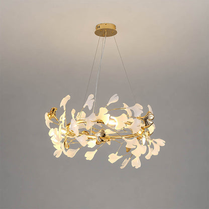 Gingko Chandelier Style E Model B sparse airy round drum 23.6 inch handcrafted porcelain ginkgo leaves Rose Gold frame ceramic 4 G9 sockets modern french country breathable delicate dining foyer white background