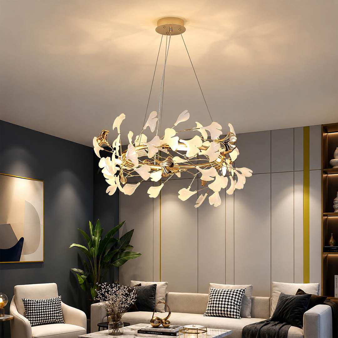 Gingko Chandelier Style E Model B sparse round drum 23.6 inch modern french country powder room small vanity delicate warm ambient botanical lifestyle interior