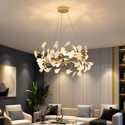 Gingko Chandelier Style E Model B sparse round drum 23.6 inch modern french country powder room small vanity delicate warm ambient botanical lifestyle interior