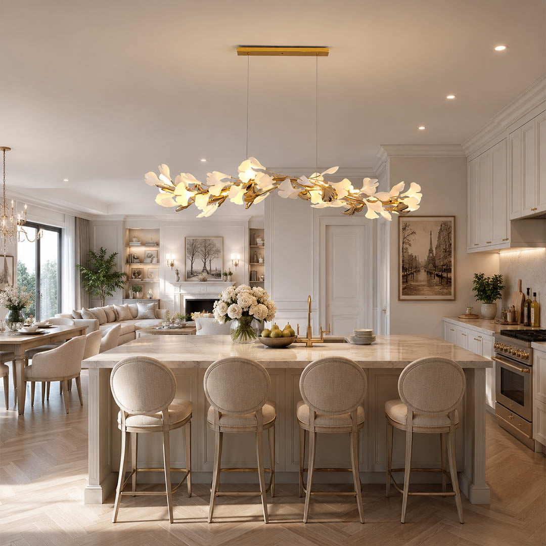 Gingko Chandelier Style E Model E ultra slim 47.2 inch modern kitchen island marble counter french country warm ambient ribbon narrow sculptural botanical lifestyle interior
