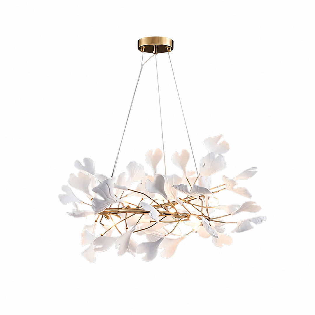Gingko Chandelier Style E Model A dense radial round drum 23.6 inch handcrafted porcelain ginkgo leaves Rose Gold frame ceramic 6 G9 sockets modern french country dining foyer entry white background