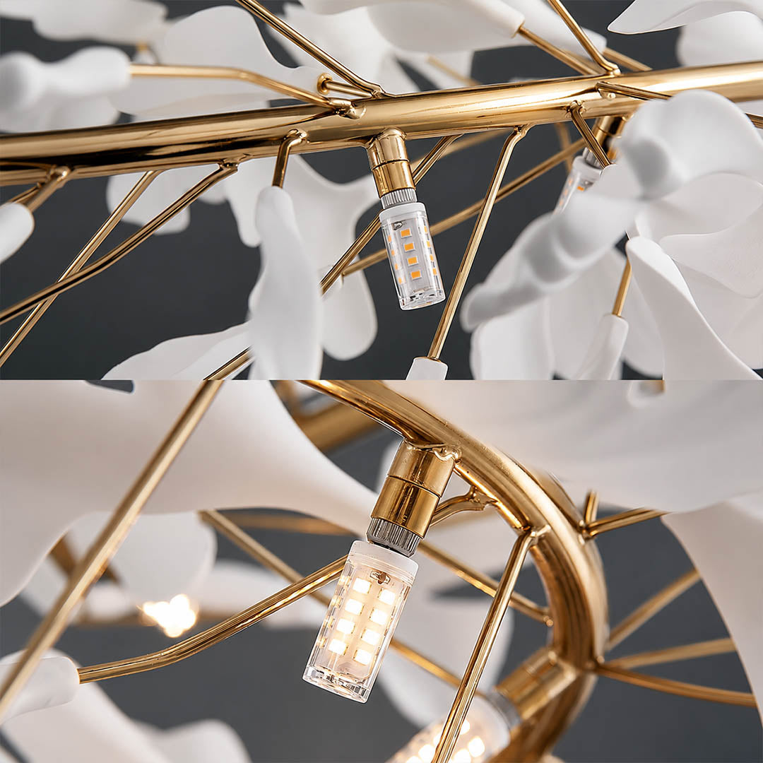 Gingko Chandelier Style E hand glazed porcelain flawless glossy finish consistent artisan craftsmanship detail close up premium french country