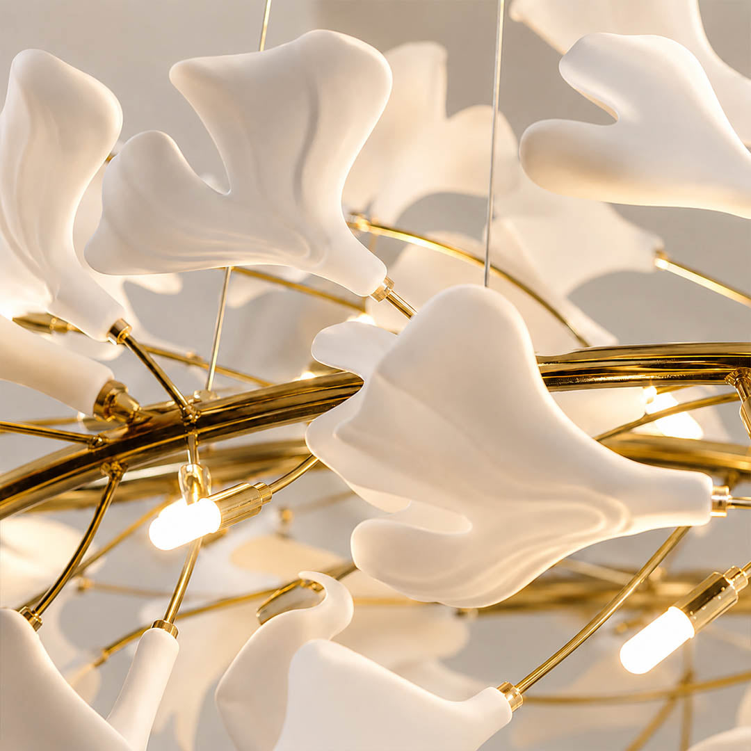Gingko Chandelier Style E single ceramic hand glazed porcelain ginkgo leaf matte white botanical detail close up craftsmanship french country