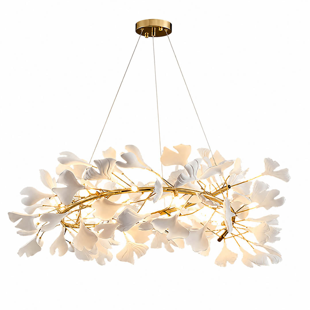 Gingko Chandelier Style E Model A dense radial round drum 23.6 inch handcrafted porcelain ginkgo leaves Rose Gold frame ceramic 6 G9 sockets modern french country dining foyer entry white background
