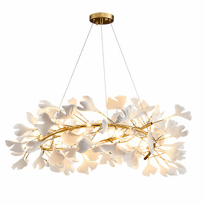 Gingko Chandelier Style E Model A dense radial round drum 23.6 inch handcrafted porcelain ginkgo leaves Rose Gold frame ceramic 6 G9 sockets modern french country dining foyer entry white background