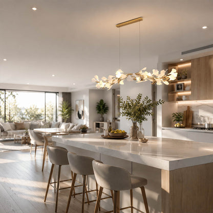 Gingko Chandelier Style E Model E ultra slim 47.2 inch modern kitchen island marble counter french country warm ambient ribbon narrow sculptural botanical lifestyle interior