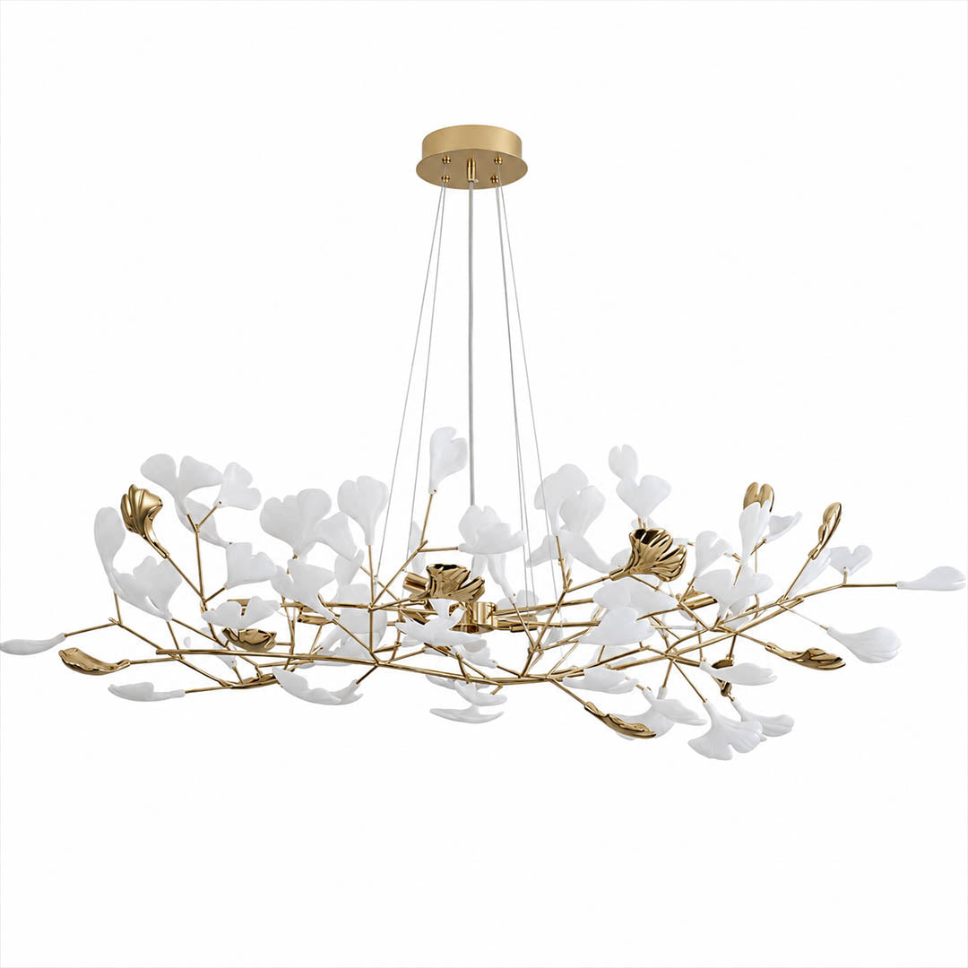 Gingko Chandelier Style F Model C proportional 59.1 inch handcrafted porcelain ginkgo leaves Rose Gold frame ceramic 8 G9 sockets modern mid century statement dining hospitality flagship white background