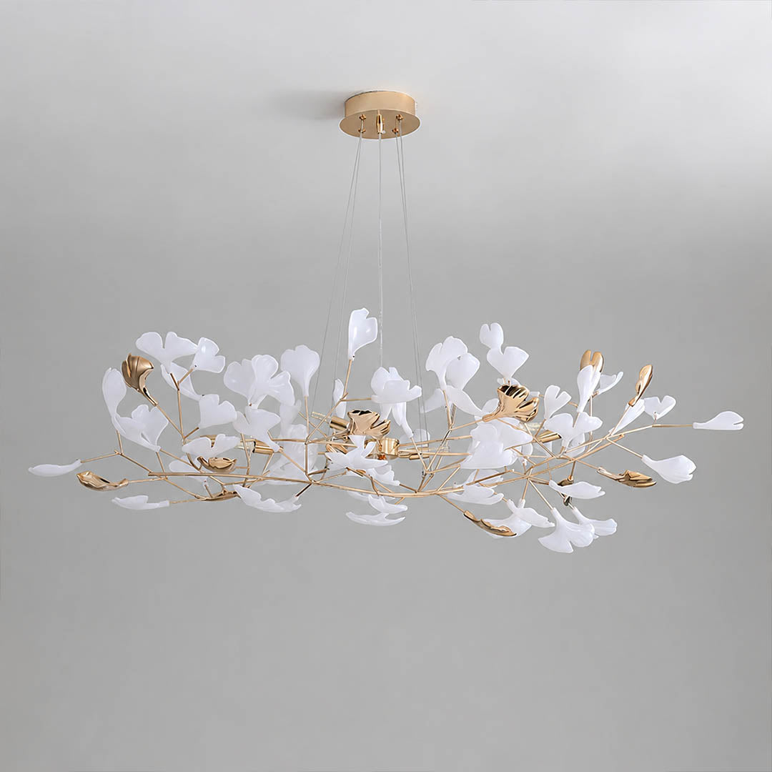Gingko Chandelier Style F Model F cascading 59 inch handcrafted porcelain ginkgo leaves Rose Gold frame ceramic 12 G9 sockets modern mid century statement dining hospitality sculptural flagship white background