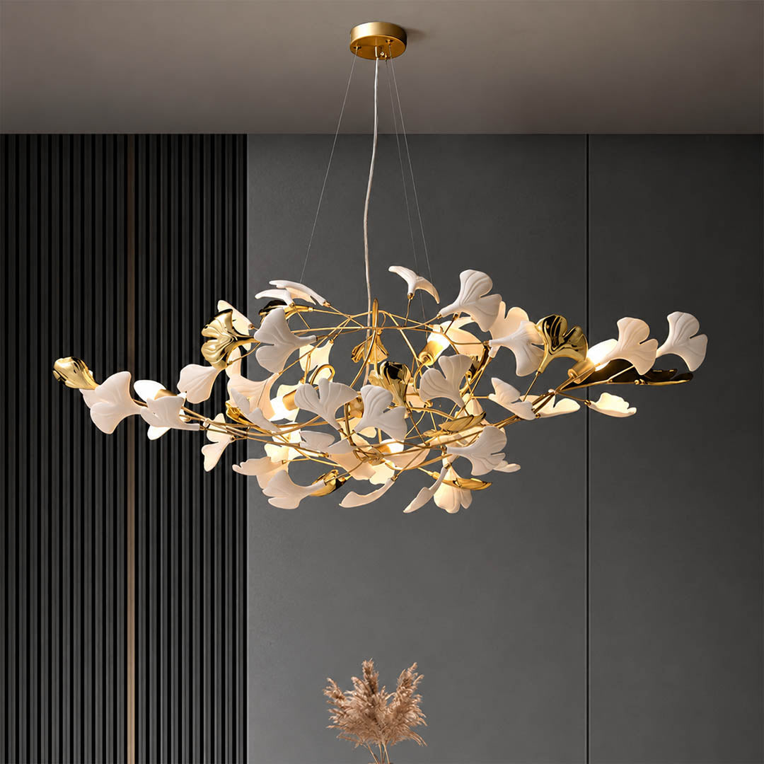 Gingko Chandelier Style F Rose Gold metal frame polished sophisticated warm pink gold finish detail close up architectural
