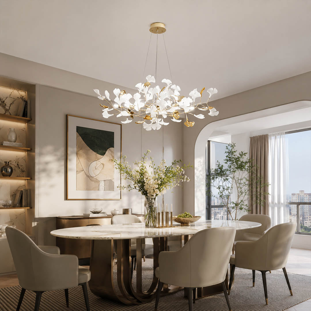 Gingko Chandelier Style F Model A cube 31.5 inch modern residential dining room 6 seat walnut table statement mid century warm ambient sculptural elegant lifestyle interior