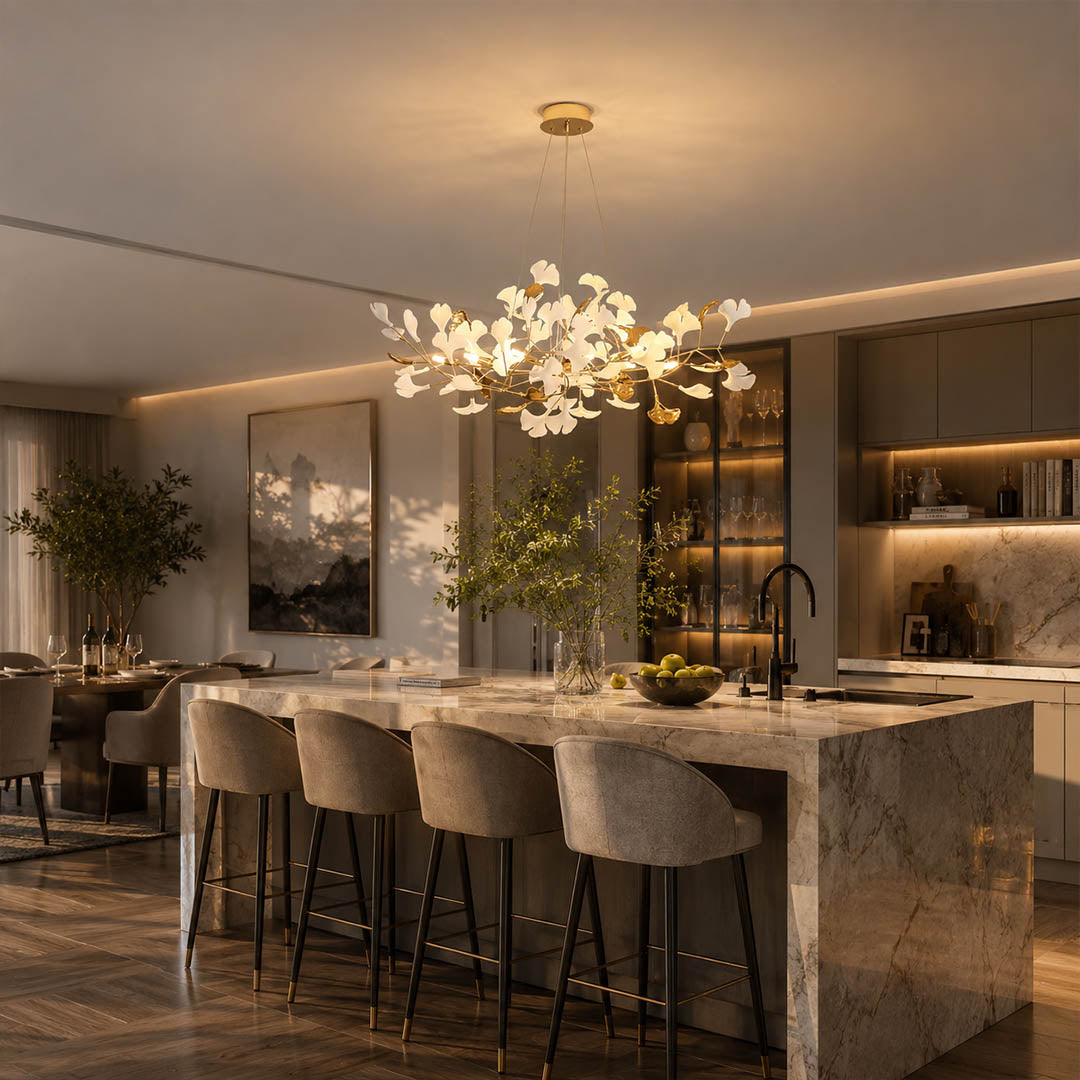 Gingko Chandelier Style F Model F cascading 51.2 inch modern kitchen island marble counter statement mid century warm ambient sculptural botanical lifestyle interior