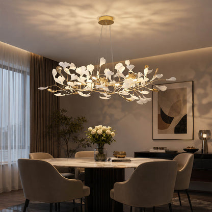 Gingko Chandelier Style F Model A cube 31.5 inch modern residential dining room 6 seat walnut table statement mid century warm ambient sculptural elegant lifestyle interior