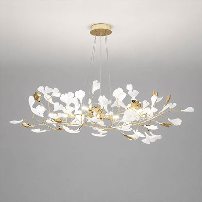 Gingko Chandelier Style F Model D narrow linear 31.5 inch handcrafted porcelain ginkgo leaves Rose Gold frame ceramic 6 G9 sockets modern mid century small dining bedroom powder room white background