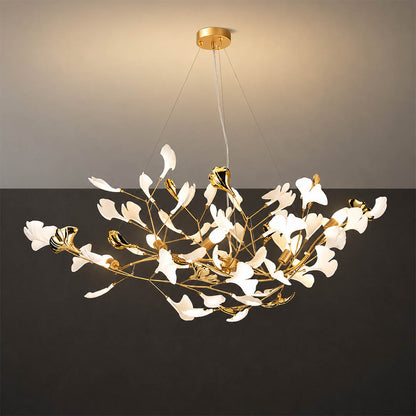 Gingko Chandelier Style F Model F cascading 39.4 inch handcrafted porcelain ginkgo leaves Rose Gold frame ceramic 8 G9 sockets modern mid century residential dining bedroom sculptural white background