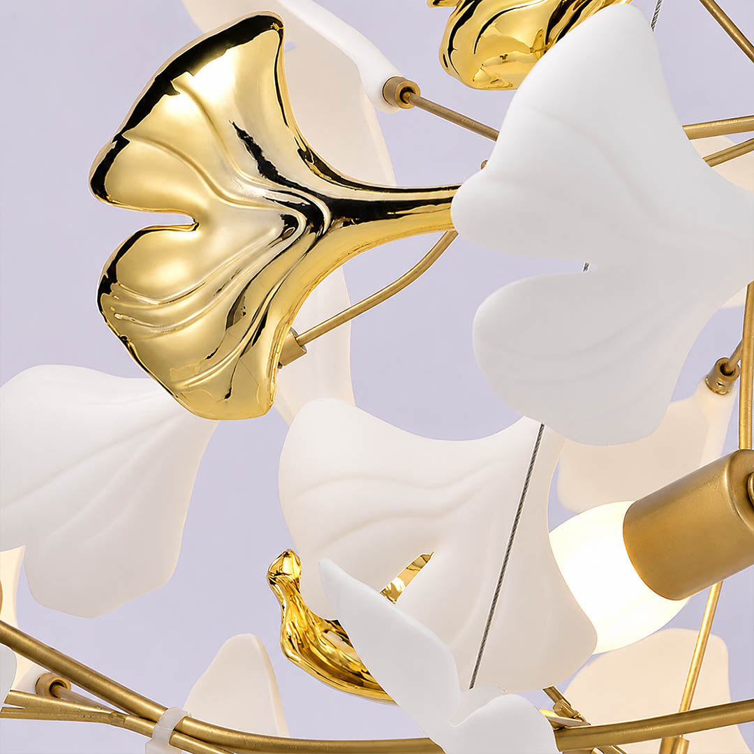 Gingko Chandelier Style F Rose Gold metal frame polished sophisticated warm pink gold finish detail close up architectural