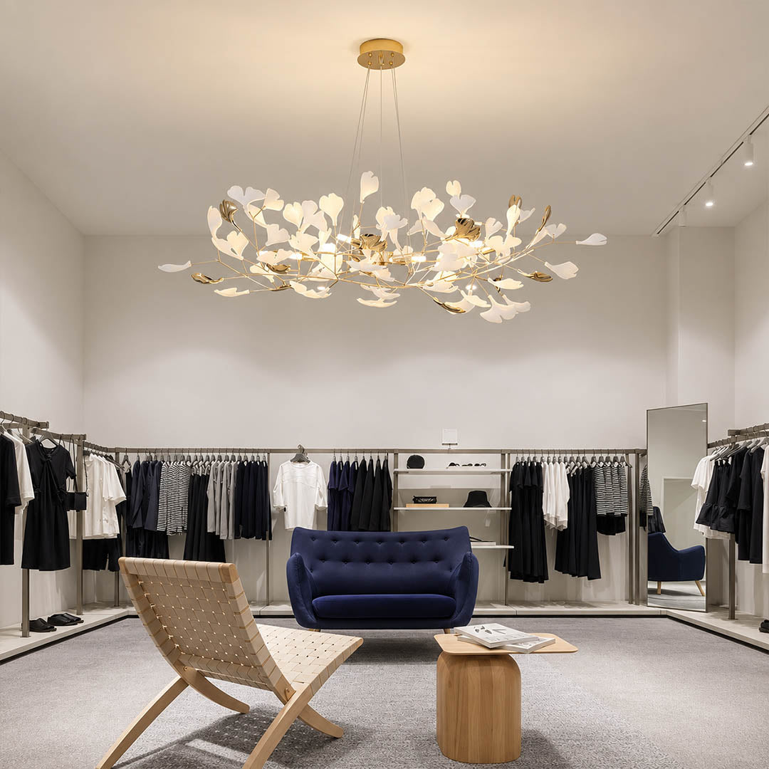 Gingko Chandelier Style F Model E round drum 23.6 inch modern powder room small vanity mid century warm ambient sculptural botanical lifestyle interior