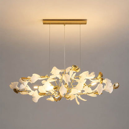Gingko Chandelier Style F Model E round drum 23.6 inch handcrafted porcelain ginkgo leaves Rose Gold frame ceramic 4 G9 sockets modern mid century residential dining foyer powder room entry level white background