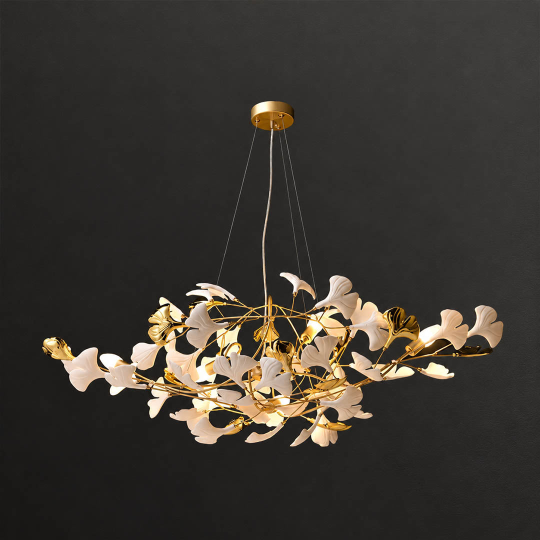 Gingko Chandelier Style F Model F cascading 59 inch handcrafted porcelain ginkgo leaves Rose Gold frame ceramic 12 G9 sockets modern mid century statement dining hospitality sculptural flagship white background