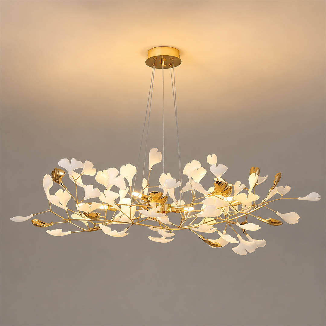 Gingko Chandelier Style F Model D narrow linear 47.2 inch handcrafted porcelain ginkgo leaves Rose Gold frame ceramic 8 G9 sockets modern mid century compact dining kitchen island bedroom white background
