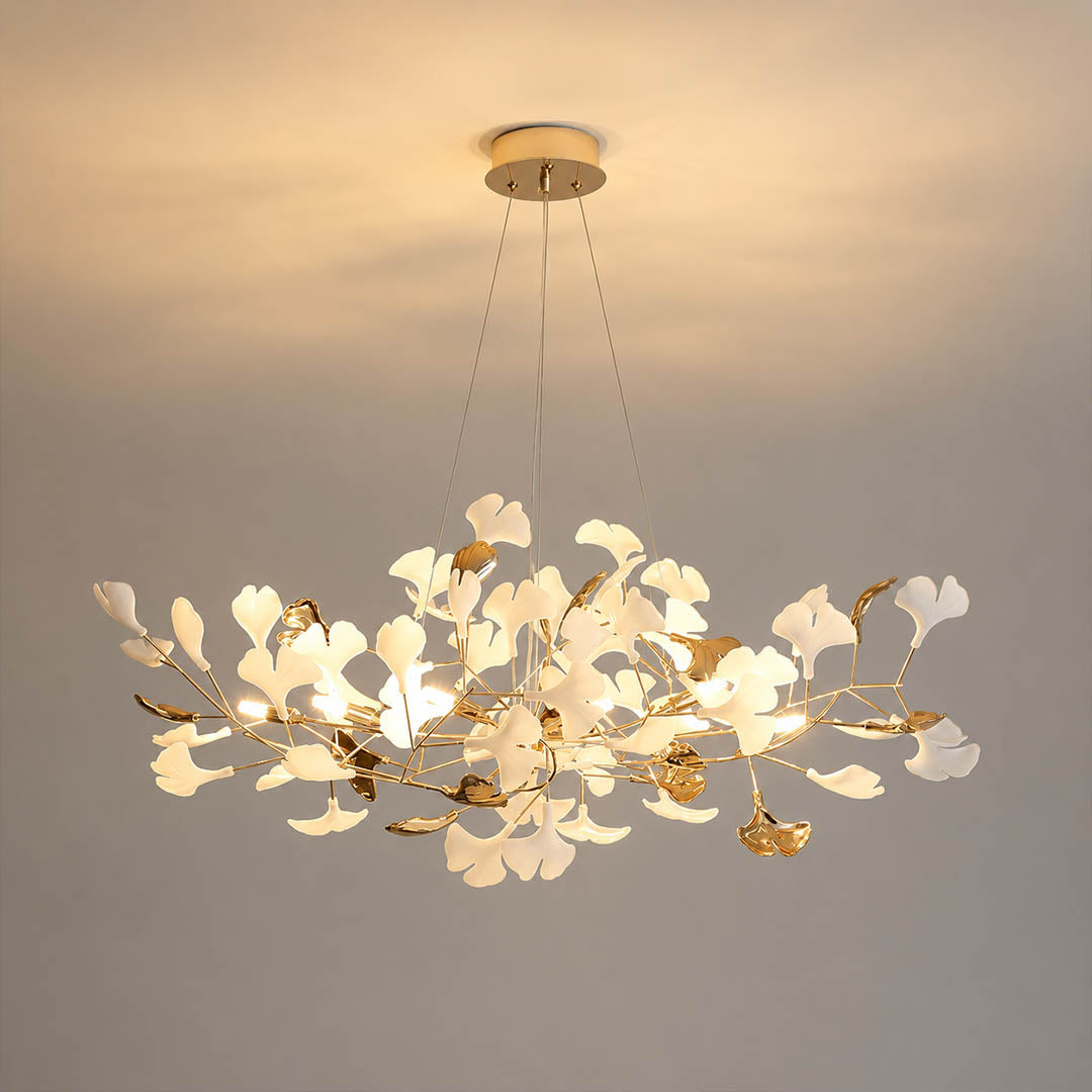 Gingko Chandelier Style F Model F cascading 39.4 inch handcrafted porcelain ginkgo leaves Rose Gold frame ceramic 8 G9 sockets modern mid century residential dining bedroom sculptural white background