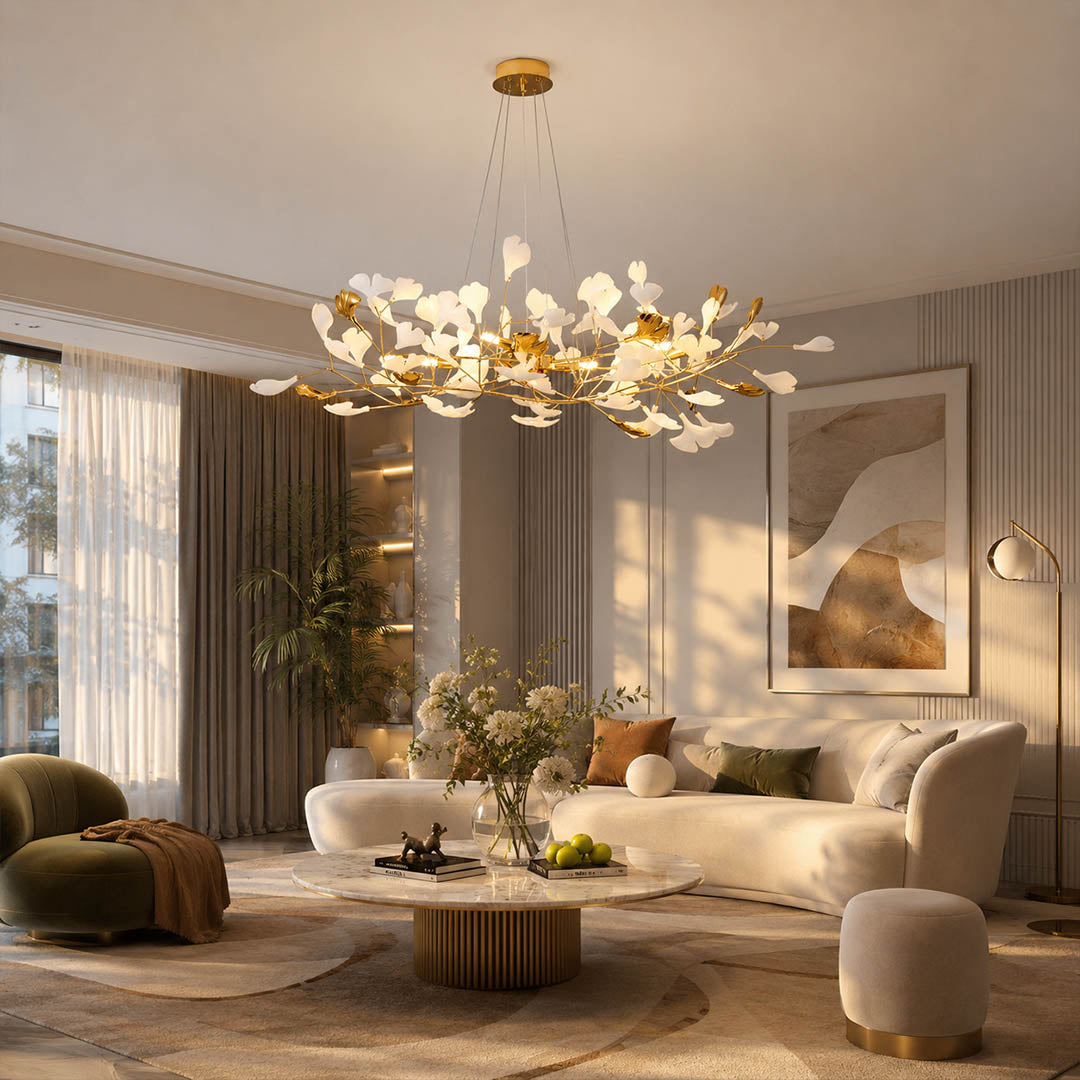 Gingko Chandelier Style F Model A cube 31.5 inch modern residential dining room 6 seat walnut table statement mid century warm ambient sculptural elegant lifestyle interior