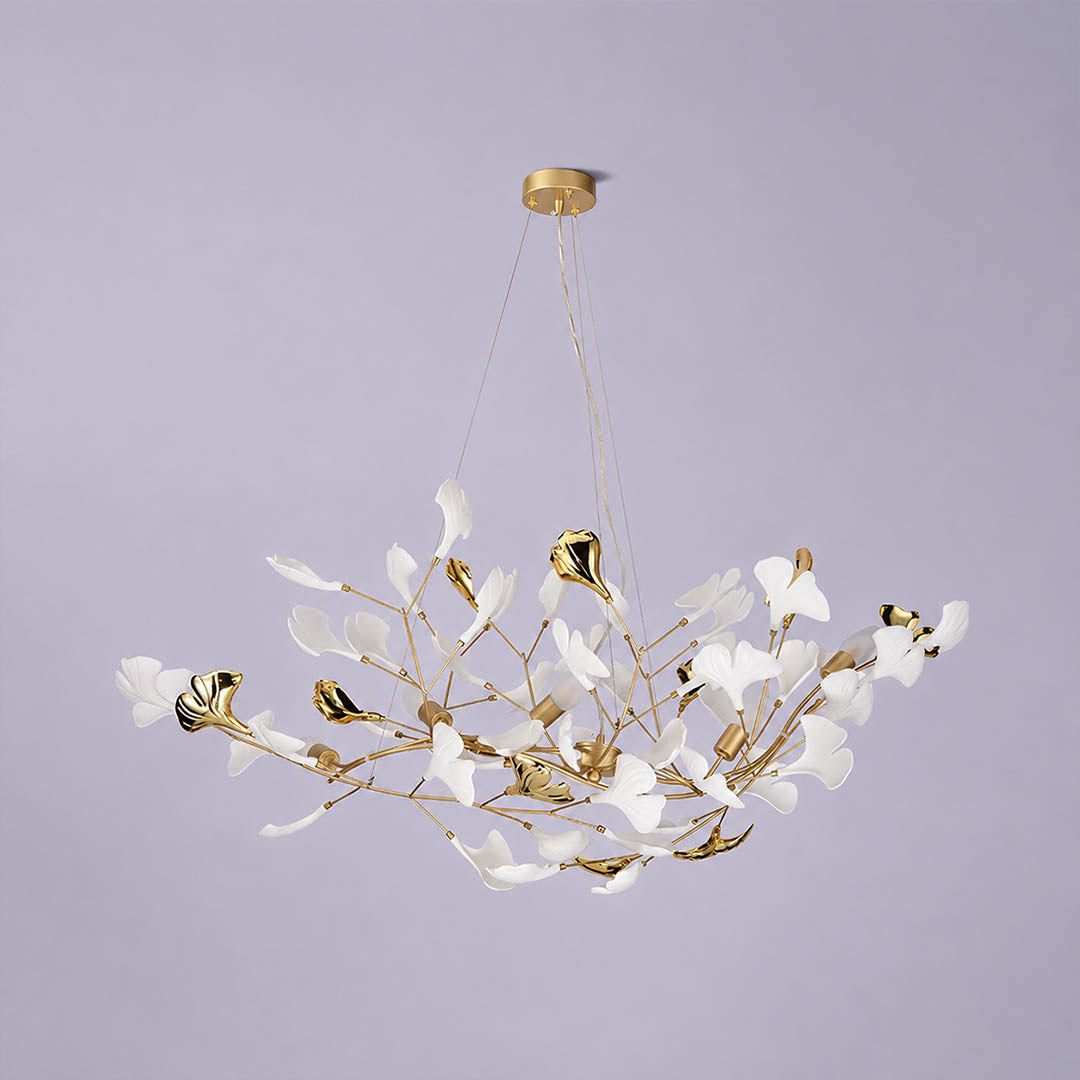 Gingko Chandelier Style F Model C proportional 59.1 inch handcrafted porcelain ginkgo leaves Rose Gold frame ceramic 8 G9 sockets modern mid century statement dining hospitality flagship white background