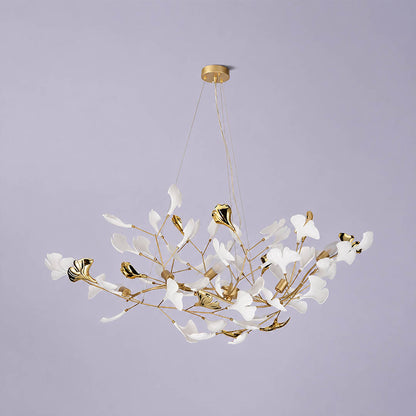 Gingko Chandelier Style F Model C proportional 59.1 inch handcrafted porcelain ginkgo leaves Rose Gold frame ceramic 8 G9 sockets modern mid century statement dining hospitality flagship white background
