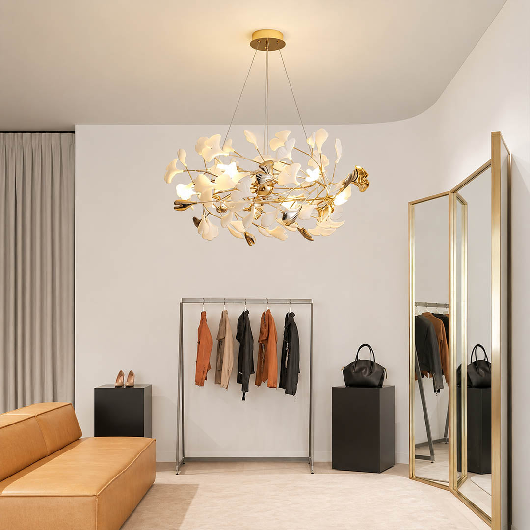 Gingko Chandelier Style F Model E round drum 23.6 inch modern powder room small vanity mid century warm ambient sculptural botanical lifestyle interior