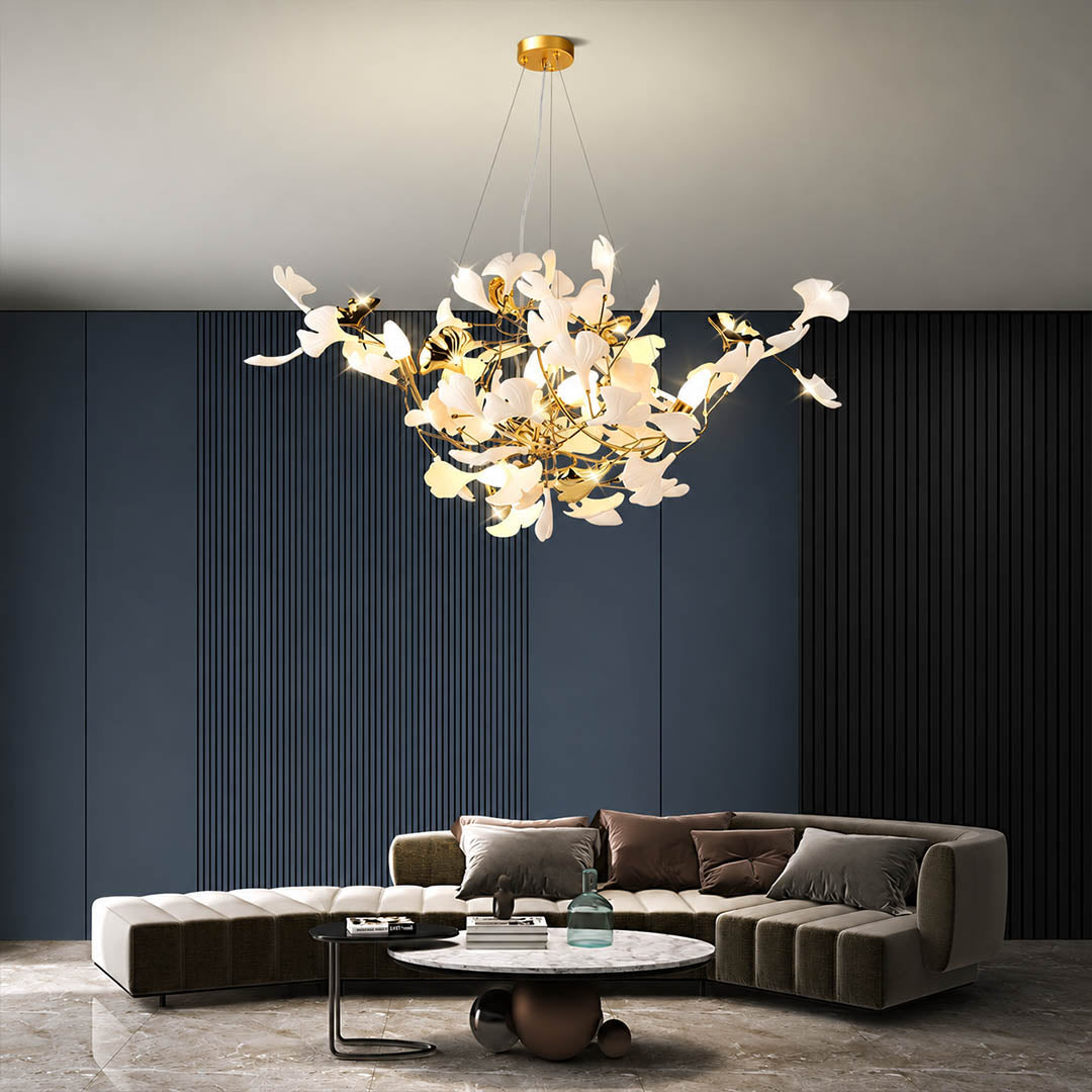 Gingko Chandelier Style F Model A cube 31.5 inch modern residential dining room 6 seat walnut table statement mid century warm ambient sculptural elegant lifestyle interior