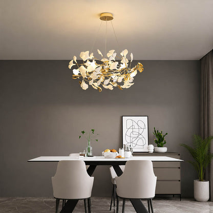 Gingko Chandelier Style F Model A cube 31.5 inch modern residential dining room 6 seat walnut table statement mid century warm ambient sculptural elegant lifestyle interior