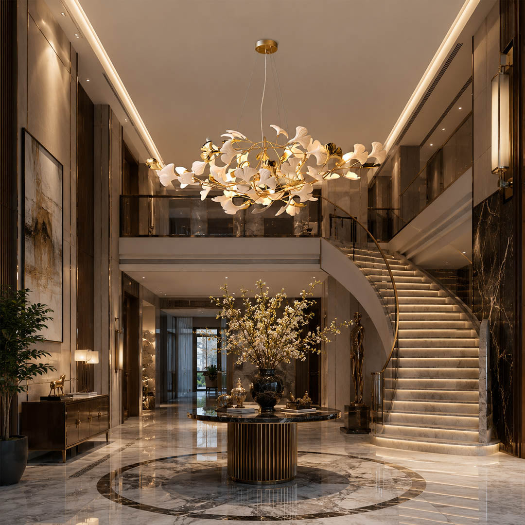 Gingko Chandelier Style F Model E round drum 31.5 inch modern foyer entryway welcome mid century warm ambient sculptural botanical lifestyle interior