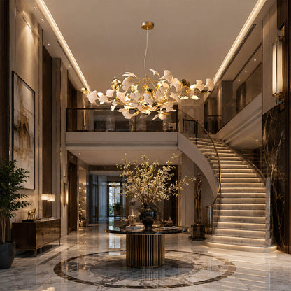 Gingko Chandelier Style F Model E round drum 31.5 inch modern foyer entryway welcome mid century warm ambient sculptural botanical lifestyle interior