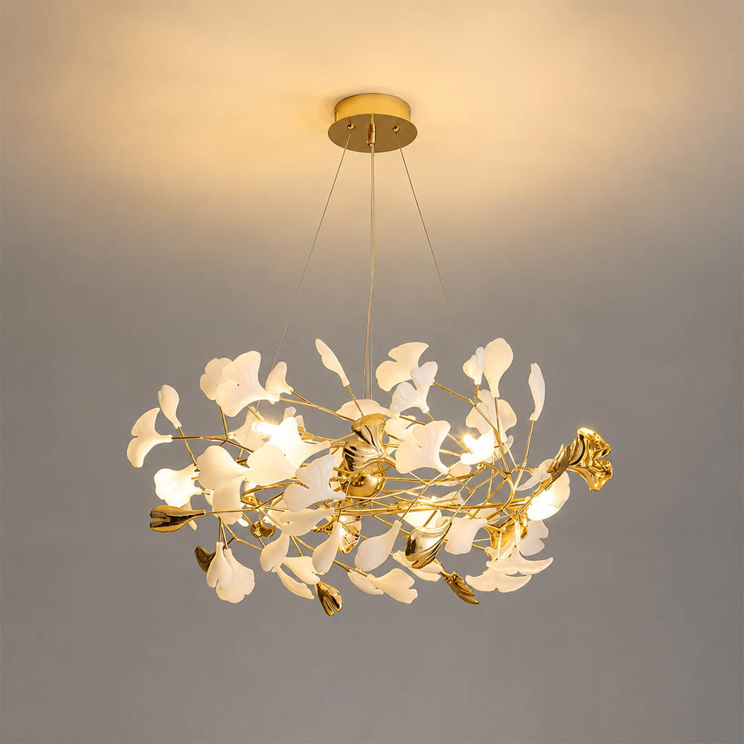 Gingko Chandelier Style F Model A cube 31.5 inch handcrafted porcelain ginkgo leaves Rose Gold frame ceramic 6 G9 sockets modern mid century residential dining bedroom foyer white background