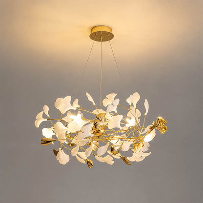 Gingko Chandelier Style F Model A cube 31.5 inch handcrafted porcelain ginkgo leaves Rose Gold frame ceramic 6 G9 sockets modern mid century residential dining bedroom foyer white background