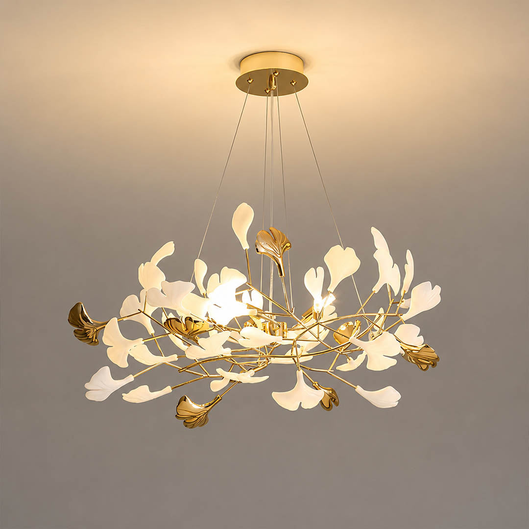 Gingko Chandelier Style F Model B extended linear 49.2 inch handcrafted porcelain ginkgo leaves Rose Gold frame ceramic 8 G9 sockets modern mid century statement dining kitchen island white background