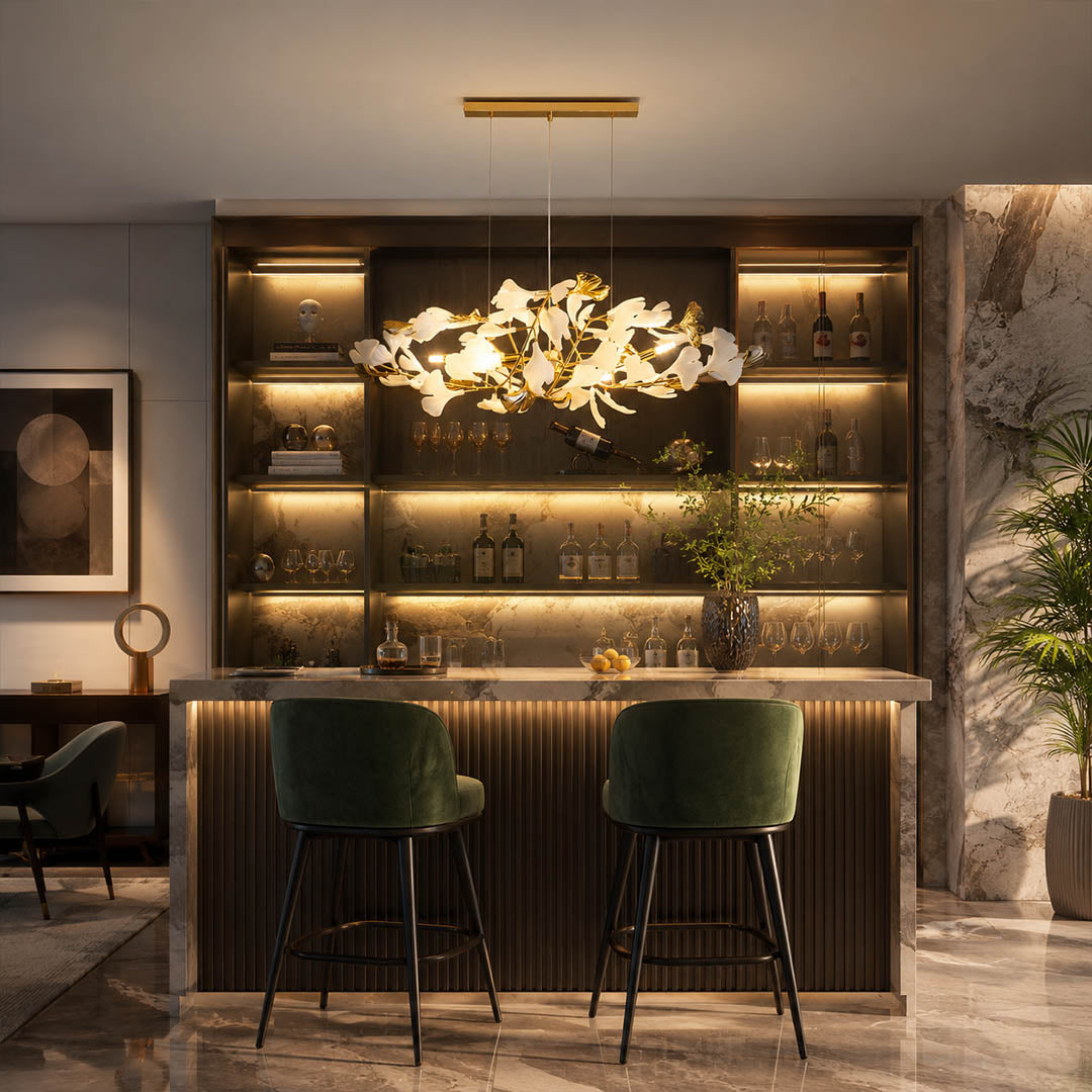 Gingko Chandelier Style F Model E round drum 23.6 inch modern powder room small vanity mid century warm ambient sculptural botanical lifestyle interior