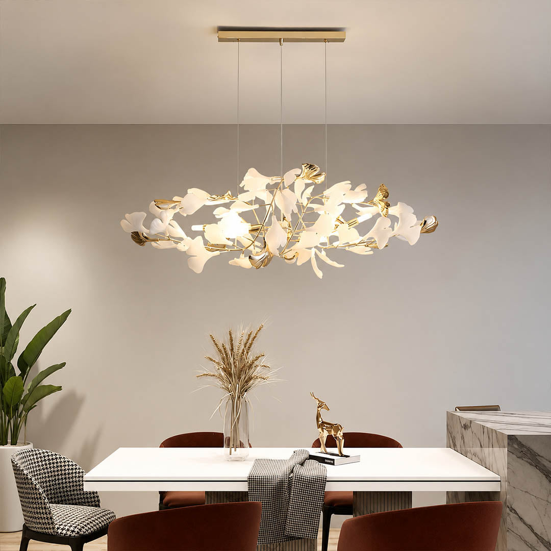 Gingko Chandelier Style F Model A cube 31.5 inch modern residential dining room 6 seat walnut table statement mid century warm ambient sculptural elegant lifestyle interior