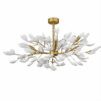 Gingko Chandelier Style G round drum Model B deeper 41.3 inch handcrafted porcelain ginkgo leaves Rose Gold frame ceramic 12 G9 sockets modern mid century grand statement dining foyer sculptural white background