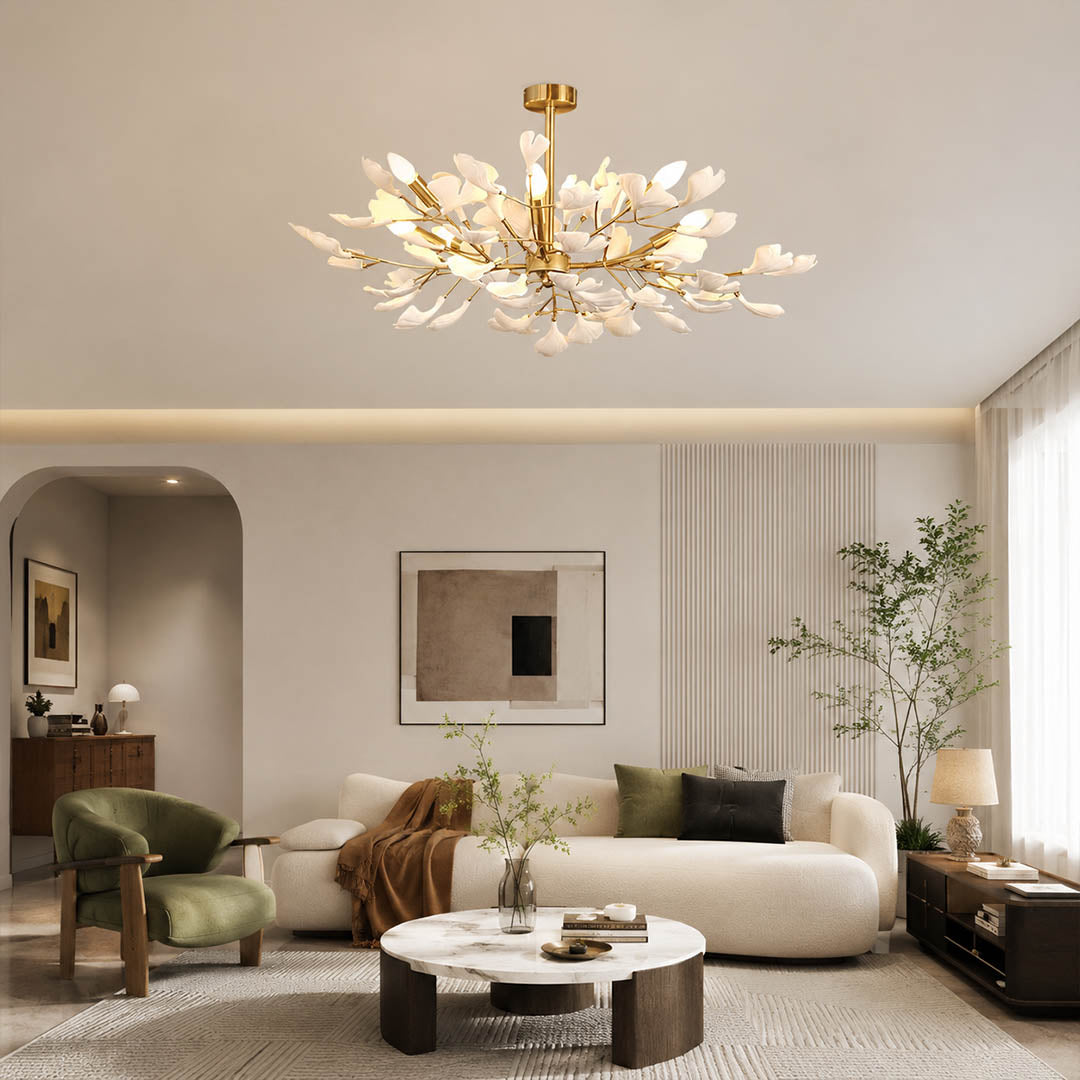 Gingko Chandelier Style G round drum Model B deeper 33.5 inch modern living room seating group statement mid century warm ambient sculptural botanical lifestyle interior