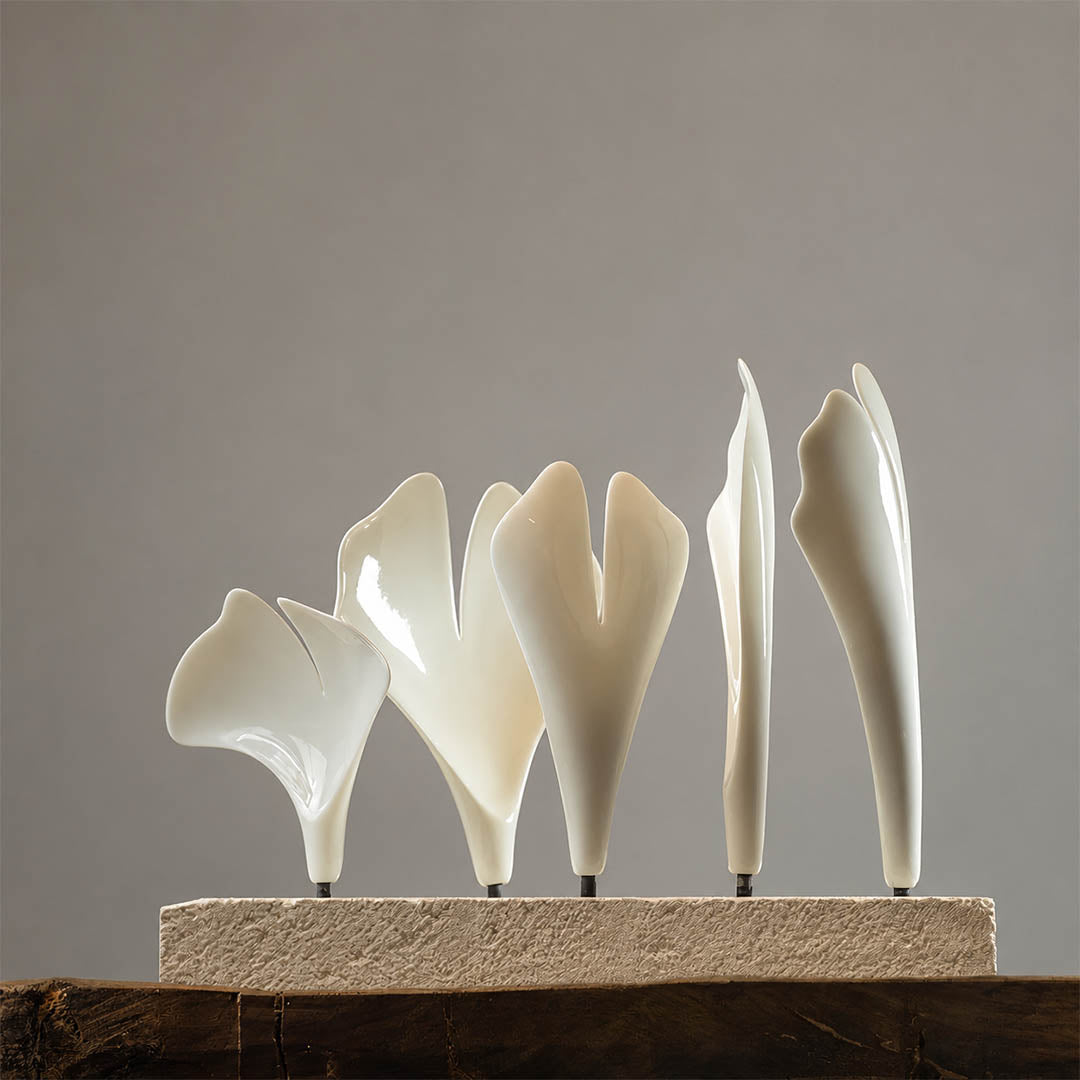 Gingko Chandelier Style G round drum top down view aerial perspective ceramic ginkgo leaves radial pattern porcelain botanical detail architectural close up