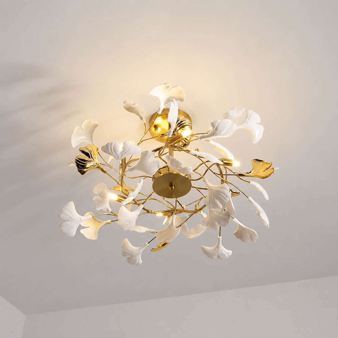 Gingko Chandelier Style G round drum top down view aerial perspective ceramic ginkgo leaves radial pattern porcelain botanical detail architectural close up
