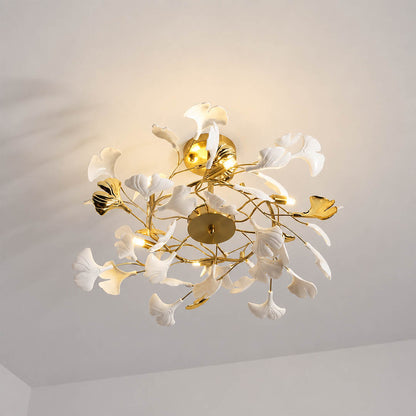 Gingko Chandelier Style G round drum top down view aerial perspective ceramic ginkgo leaves radial pattern porcelain botanical detail architectural close up