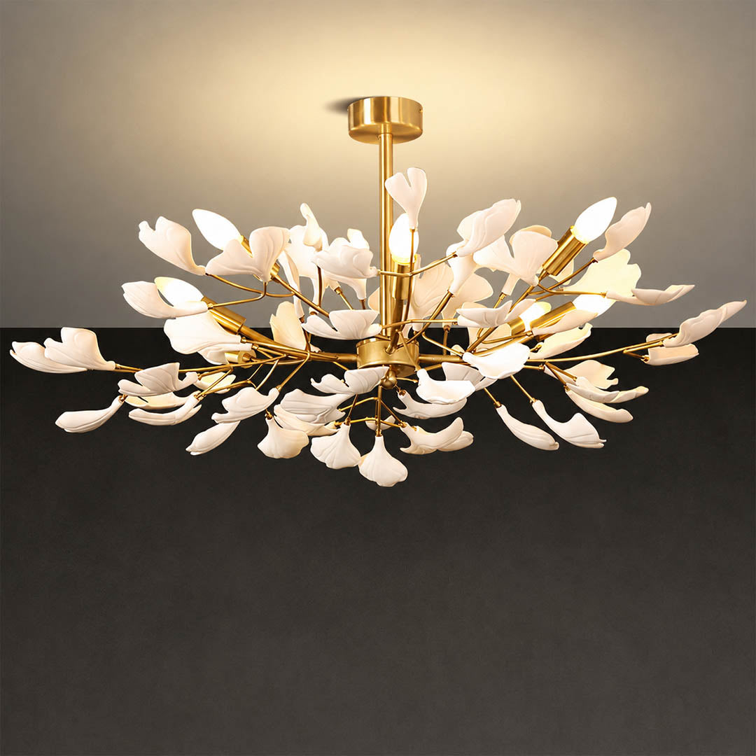Gingko Chandelier Style G round drum Model B deeper 41.3 inch handcrafted porcelain ginkgo leaves Rose Gold frame ceramic 12 G9 sockets modern mid century grand statement dining foyer sculptural white background