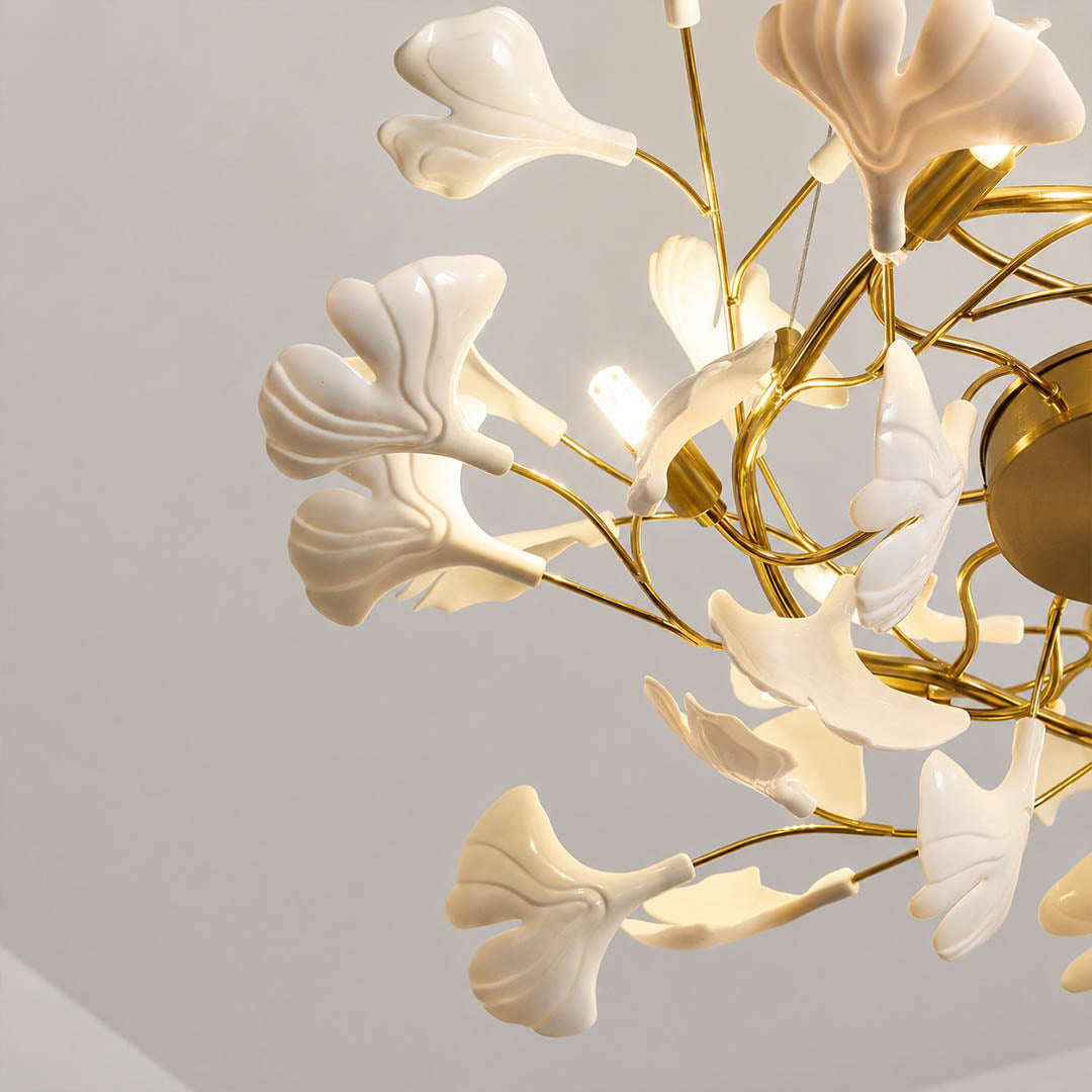 Gingko Chandelier Style G single ceramic hand glazed porcelain ginkgo leaf matte white botanical detail close up craftsmanship
