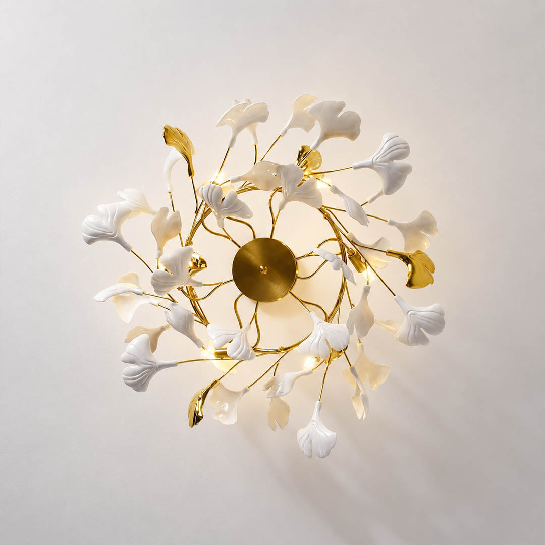 Gingko Chandelier Style G round drum top down view aerial perspective ceramic ginkgo leaves radial pattern porcelain botanical detail architectural close up
