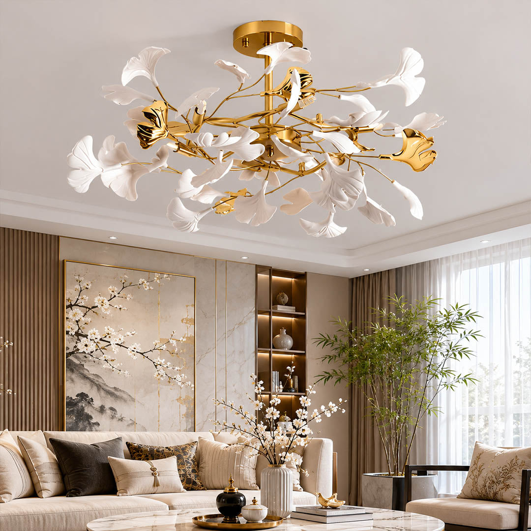 Gingko Chandelier Style G round drum Model B deeper 33.5 inch modern living room seating group statement mid century warm ambient sculptural botanical lifestyle interior