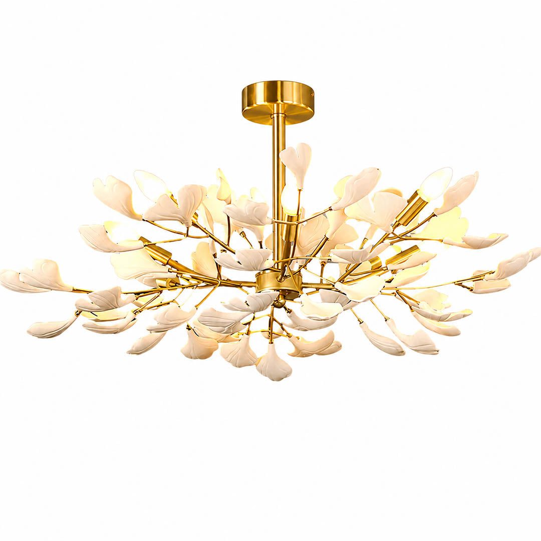 Gingko Chandelier Style G round drum Model B deeper 41.3 inch handcrafted porcelain ginkgo leaves Rose Gold frame ceramic 12 G9 sockets modern mid century grand statement dining foyer sculptural white background