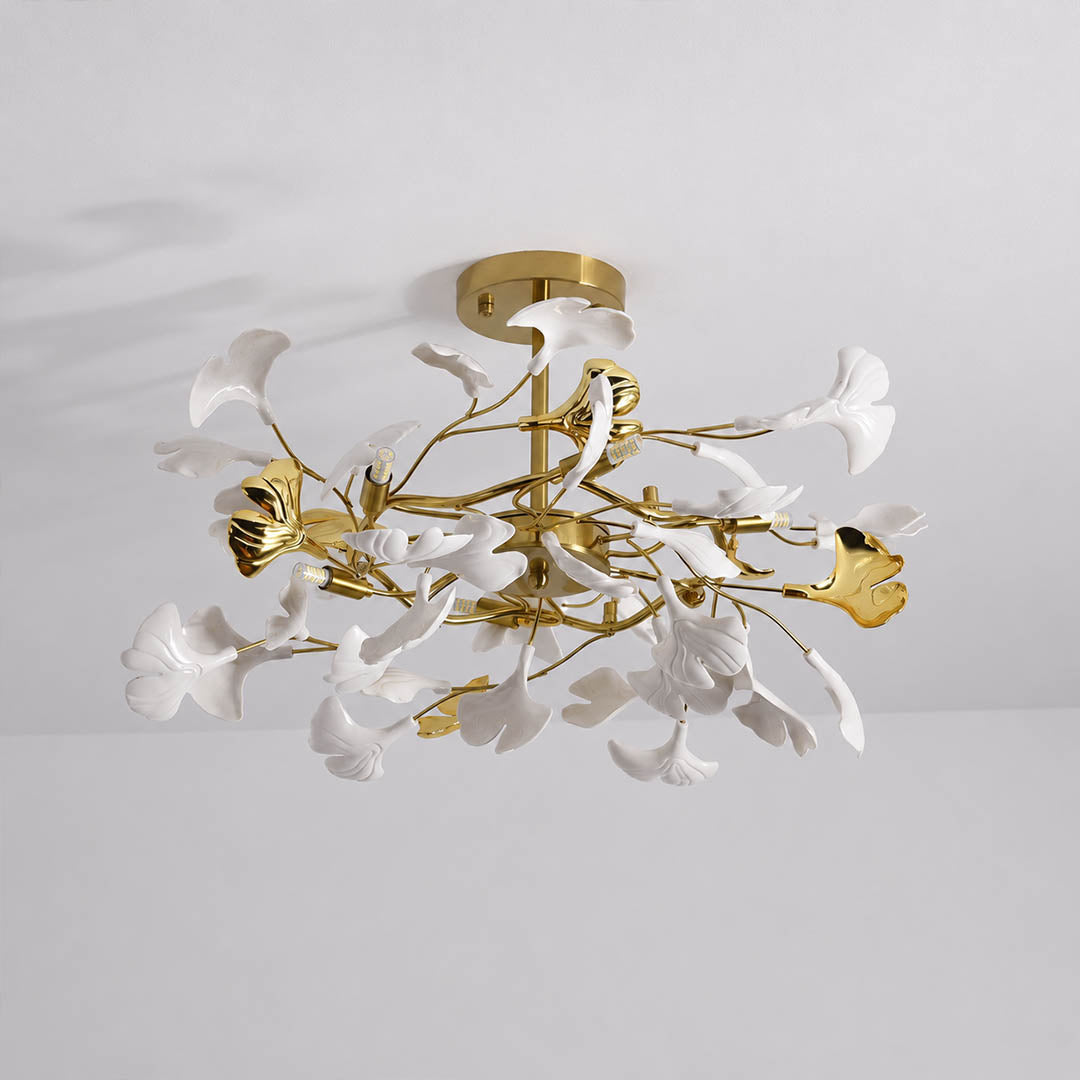 Gingko Chandelier Style G round drum Model B deeper 25.6 inch handcrafted porcelain ginkgo leaves Rose Gold frame ceramic 6 G9 sockets modern mid century dining foyer entryway sculptural white background